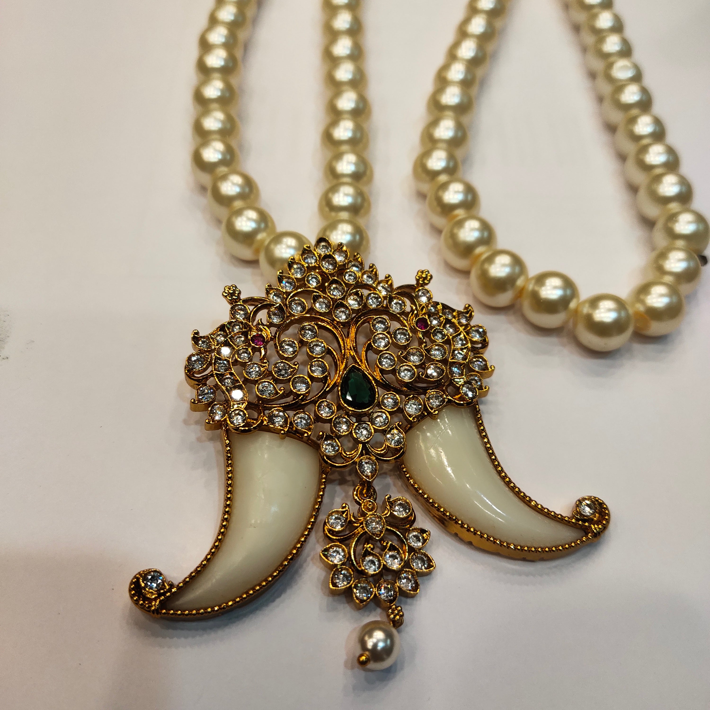 Antique CZ Puligoru Locket with Pearl Chain - Traditional Men's Jewelry