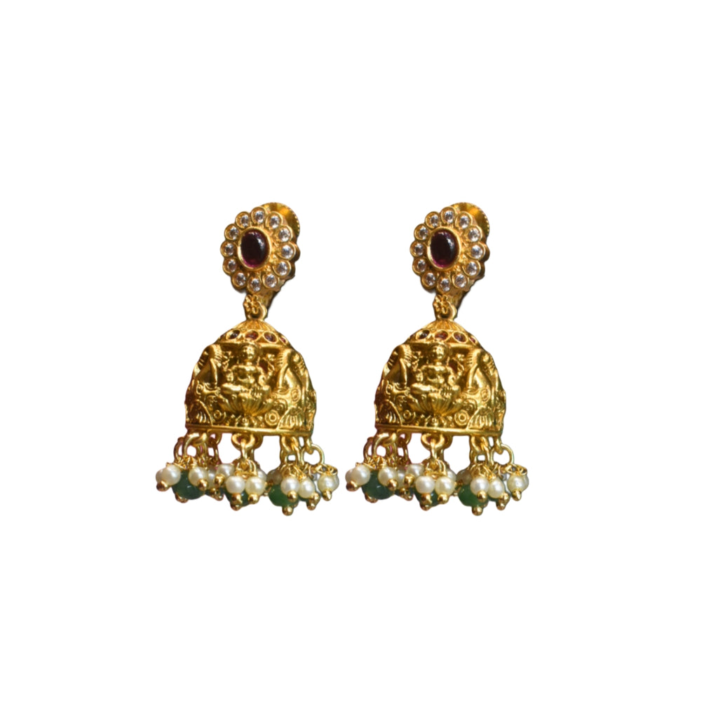 Antique Kemp Laxmi Jhumka Earrings with Pearl Hangings | Temple Jewellery