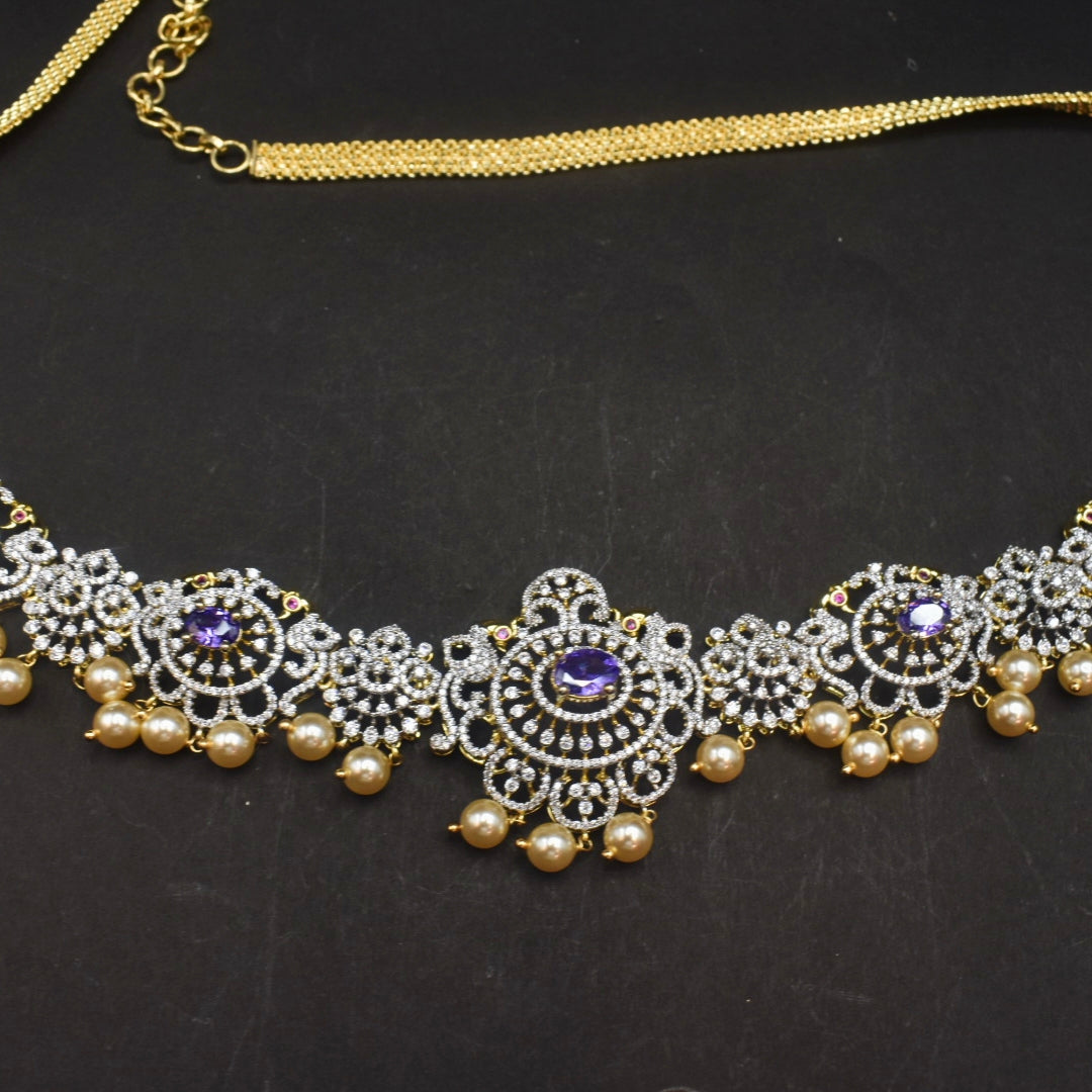 Zircon Rhodium-Gold Double Tone Diamond Look Chain Vaddanam for Bride