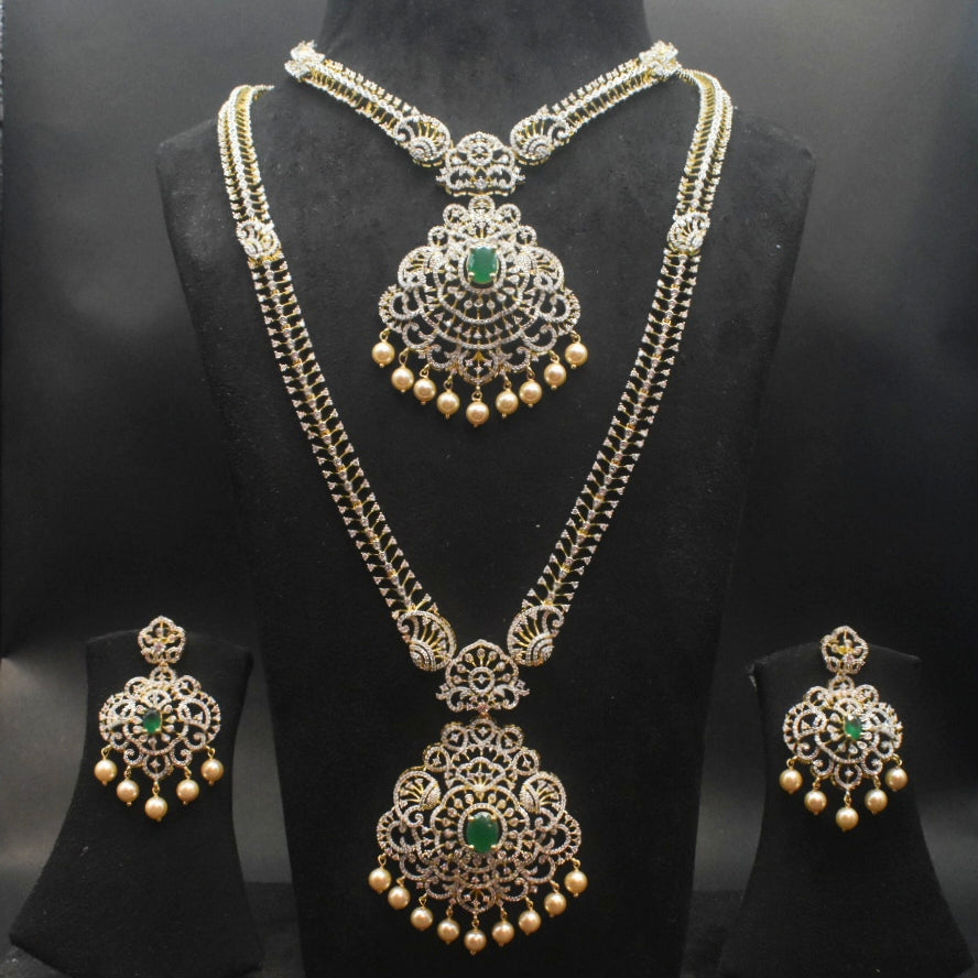 Green Zircon Long & Short Necklace Combo Set - Rhodium Gold Plated Bridal Jewelry