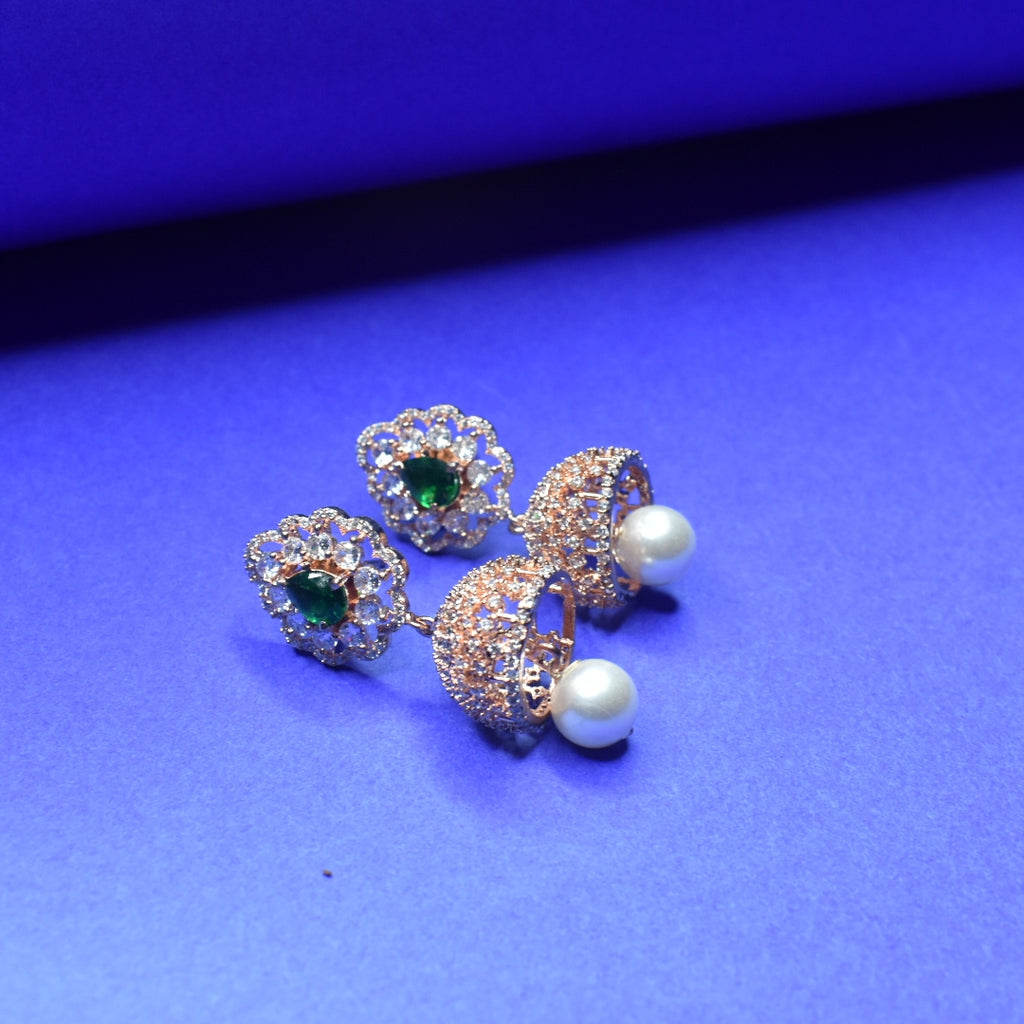 Rose Gold CZ Necklace Set with Jhumkas - Cubic Zircon Jewelry