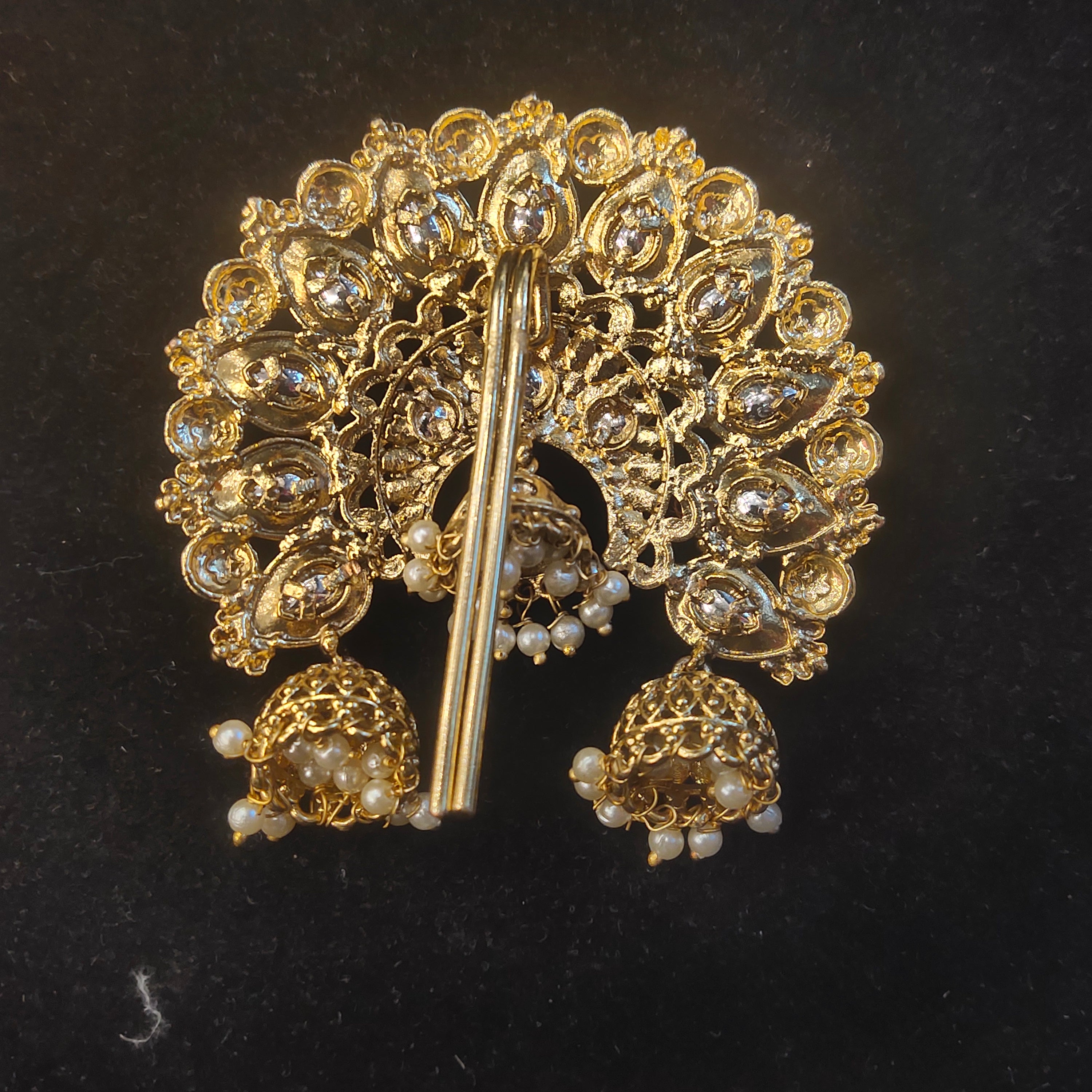 Peacock Kundan Juda Pin with Triple Jhumka & Pearl Drops | Bridal Hair Jewellery