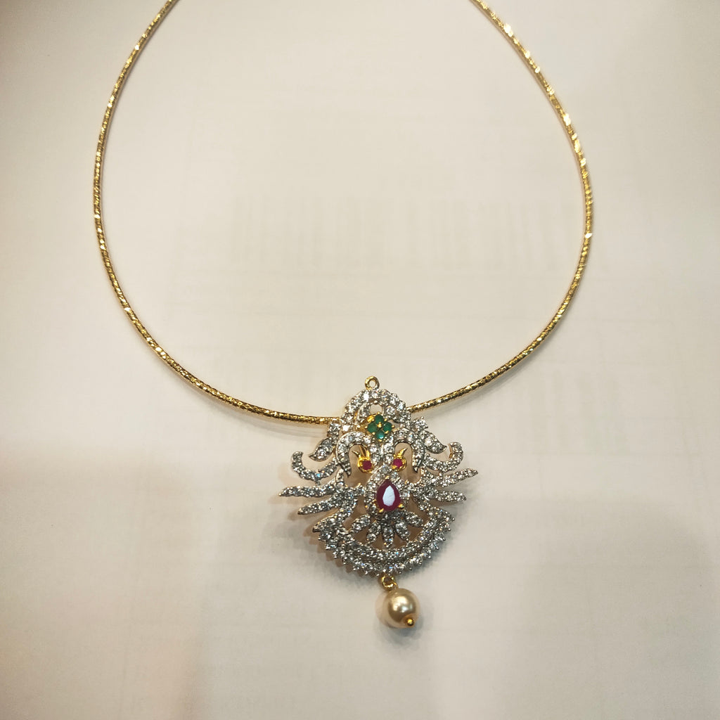 Asp Rhodium Gold Cubic Zirconia Pendant With Shimmering 24K Gold-Plated Cord Chain