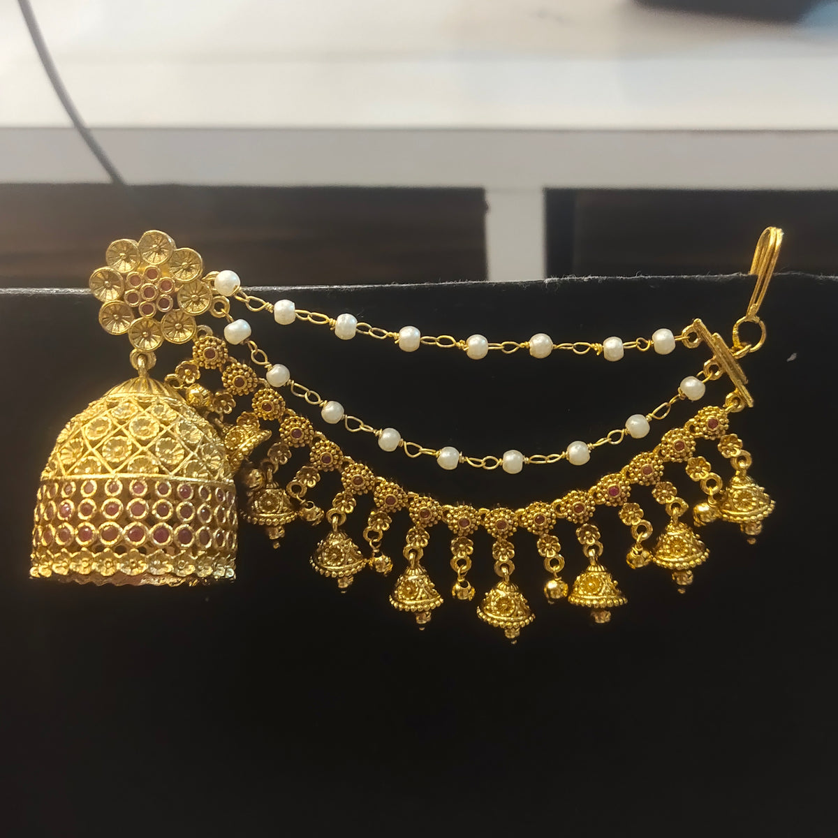 Royal Gold Jhumka Earrings with Pearl Chain & Bell Dangles