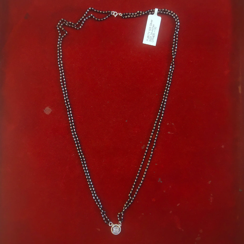 Long Double Strand Black Bead Mangalsutra with Round CZ Halo Pendant