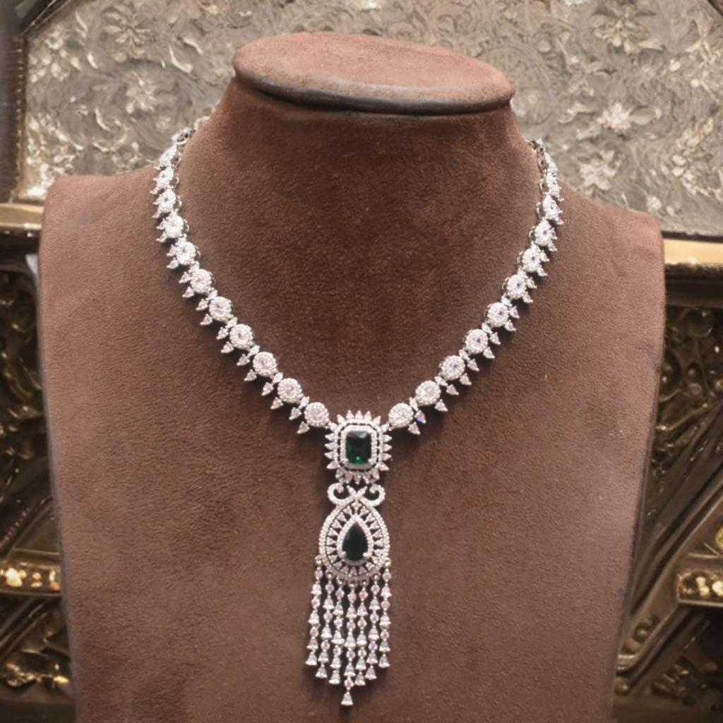 Rhodium Plated Green Emerald Zircon Necklace Set - Western Style