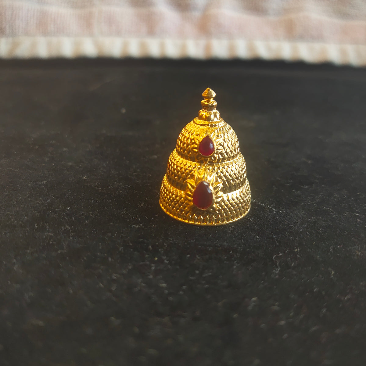 Panchaloha Gold Mukut for Deity Idol - Tiered Conical with Dual Ruby Stones