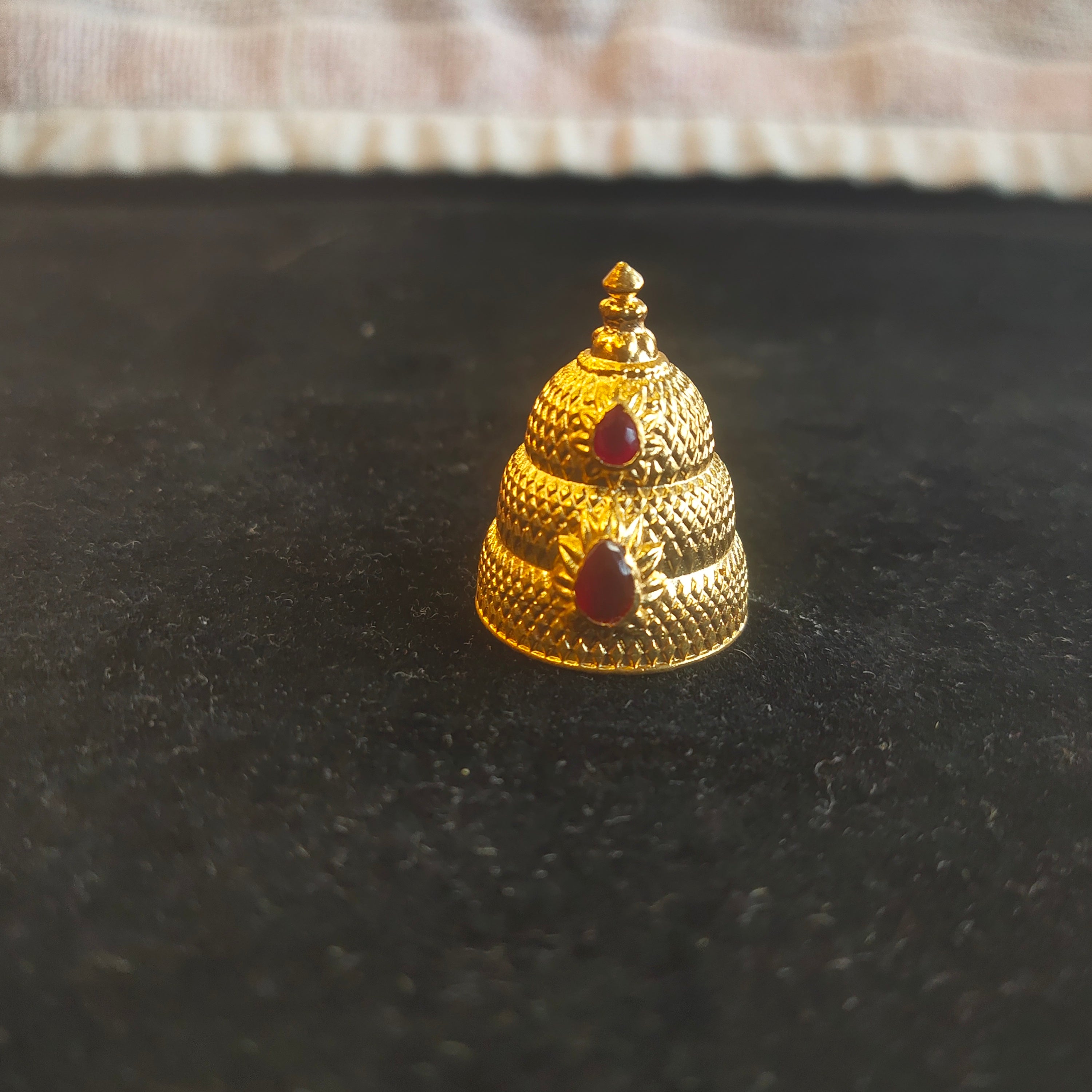 Panchaloha Gold Mukut for Deity Idol - Tiered Conical with Dual Ruby Stones