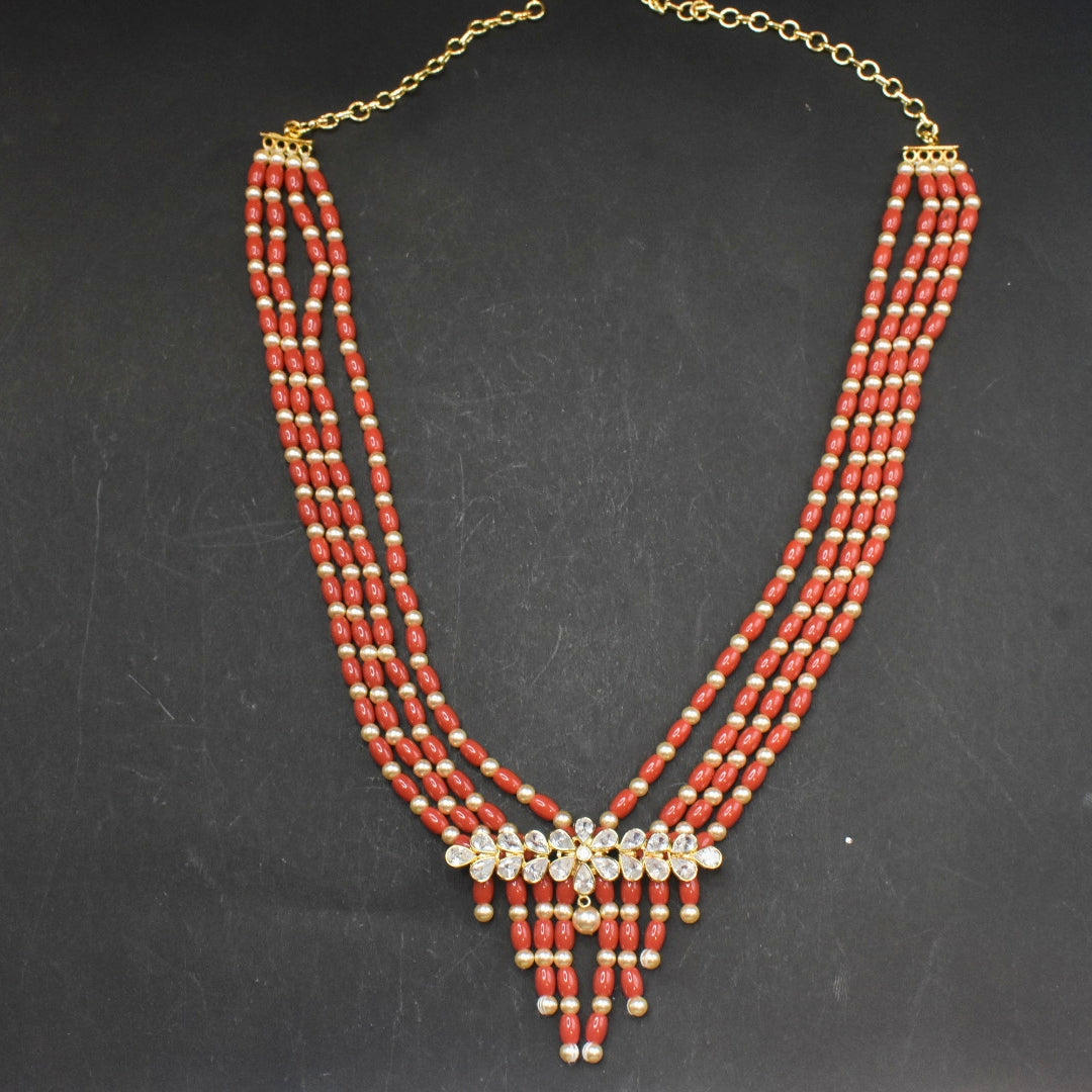 Coral Red Multi-Strand Beaded Necklace with Crystal Centerpiece