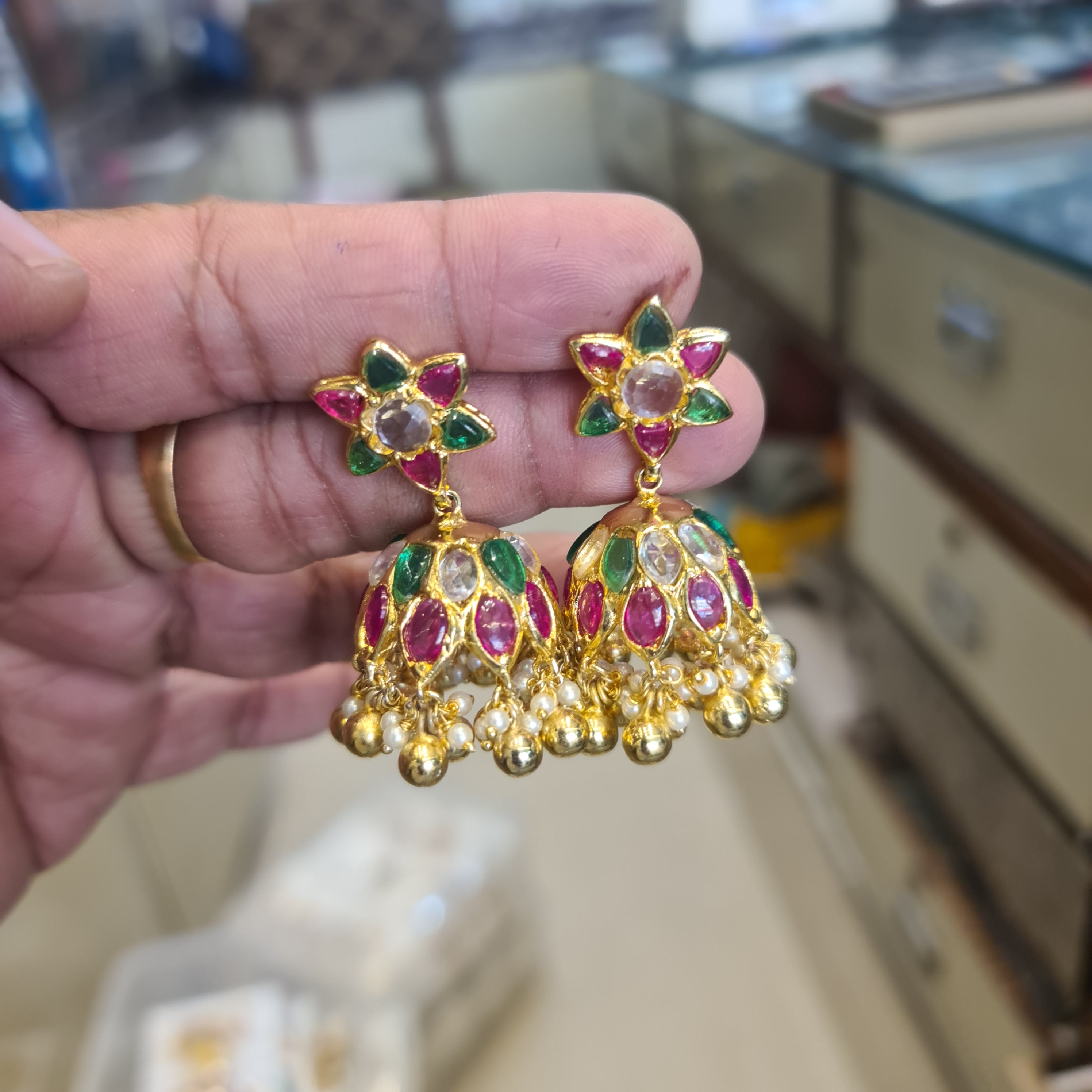 Kundan Emerald Polki Jhumka | Flower Stud | Screw Back | Pearl & Gold Drops | Temple Jewellery