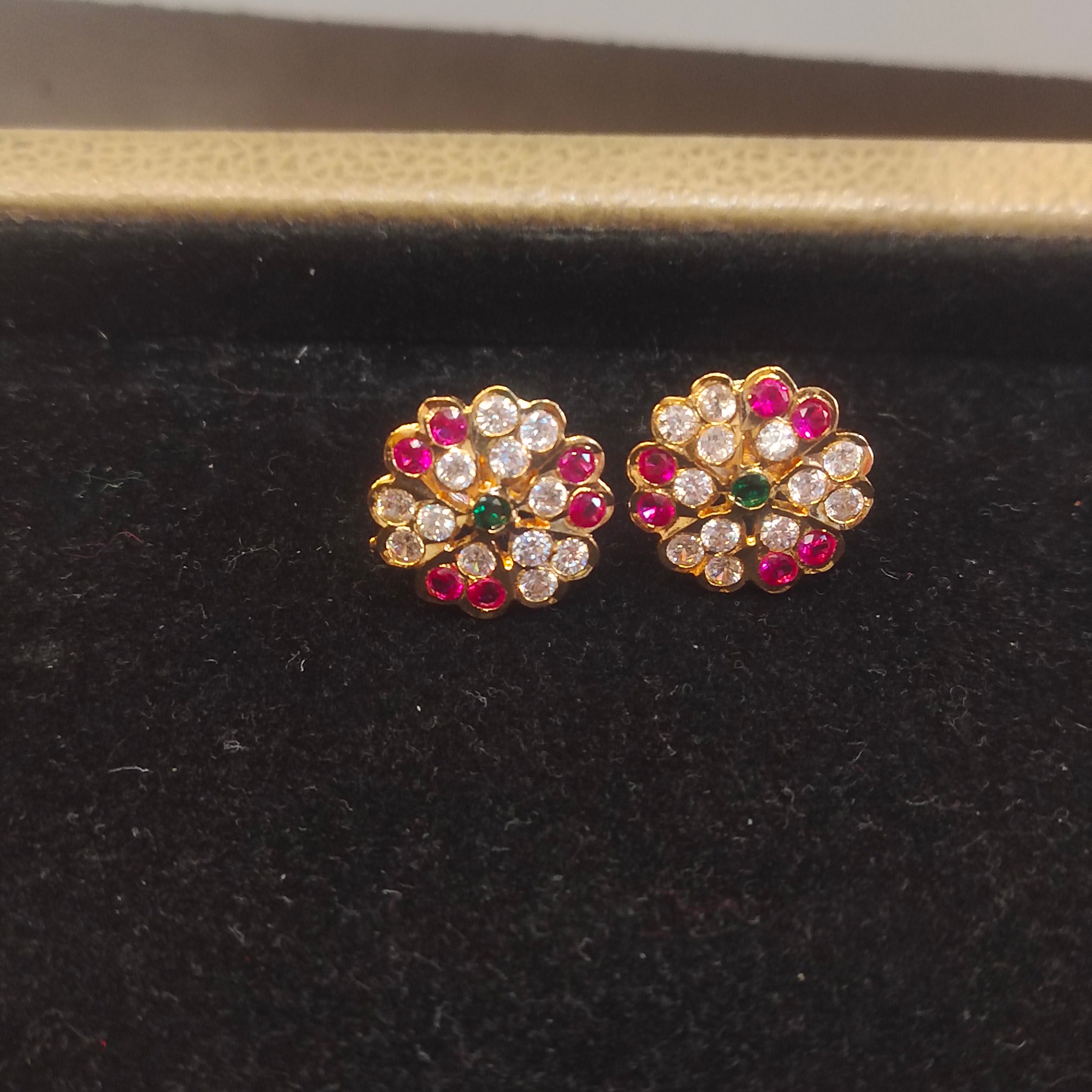 Panchaloha Kammalu Studs with Ruby Emerald CZ - Multi-Stone Floral