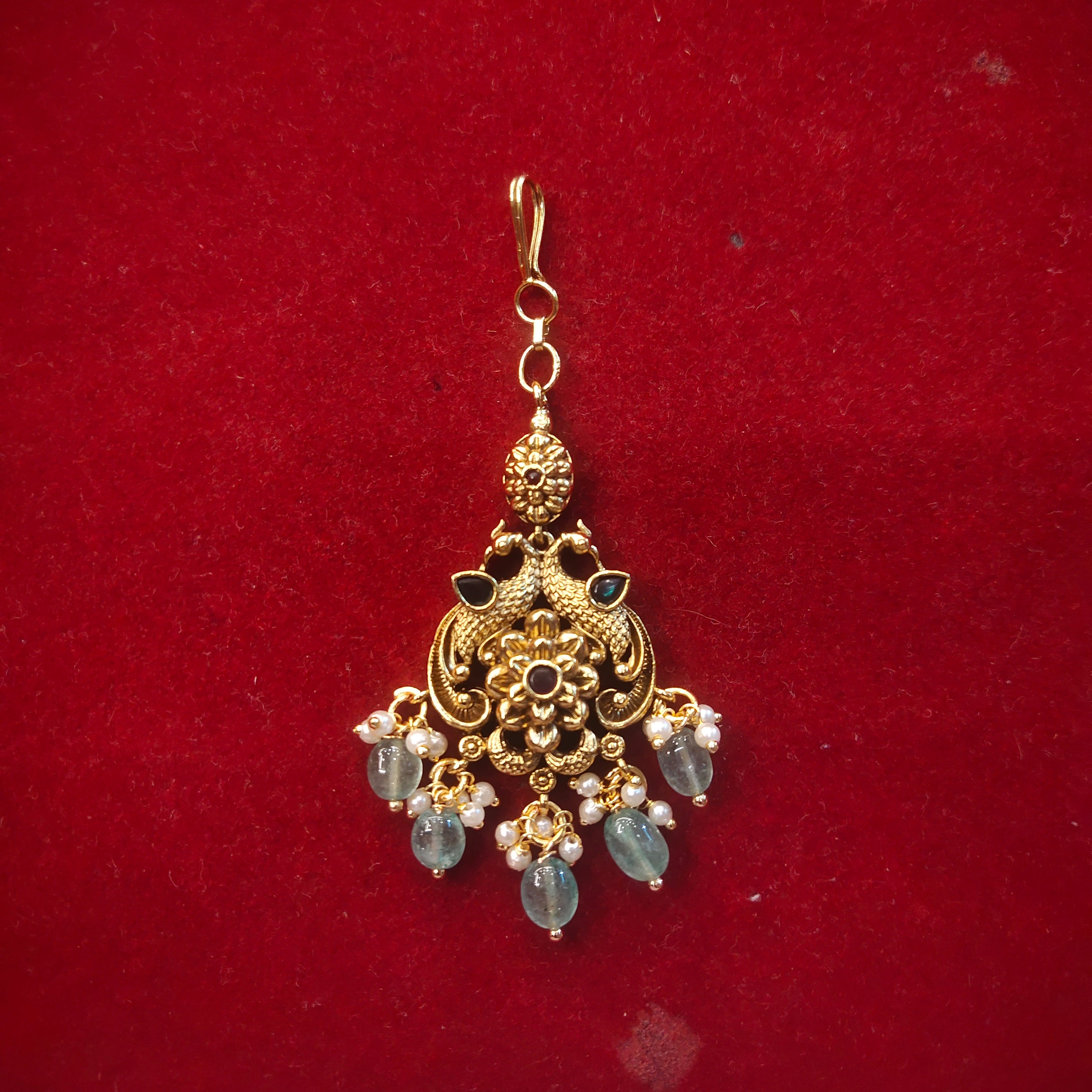 Gold Peacock Maang Tikka with Aqua Mint Beads & Pearl Drops