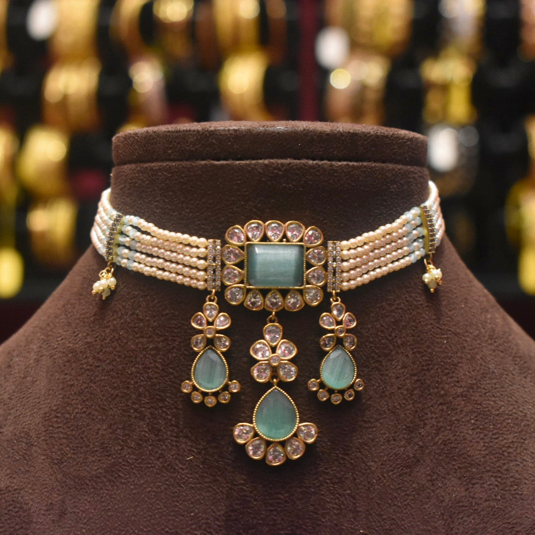 Asp Pastel Green Victorian Diamond Pearls Choker Necklace Set