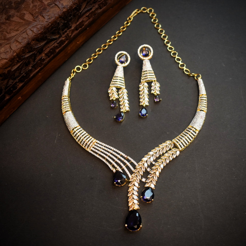 Asp Blue Cz Rhodium Gold Necklace Set