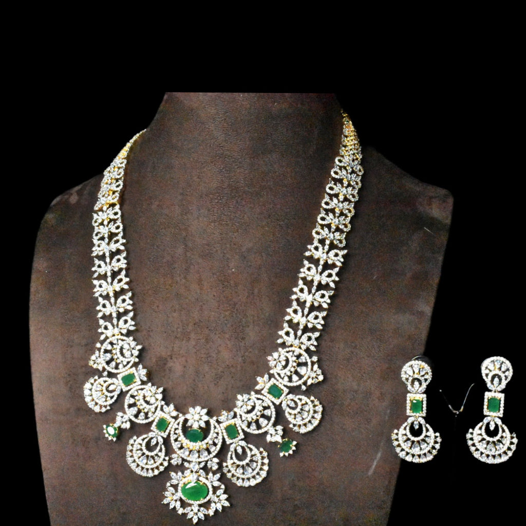 CZ Emerald Long Necklace Set with Jhumka Earrings | Bridal American Diamond Jewellery