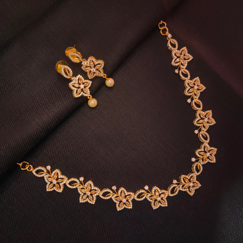 Honey Coloured Zircon Floret Necklace Set - Rose Gold Floral Jewellery