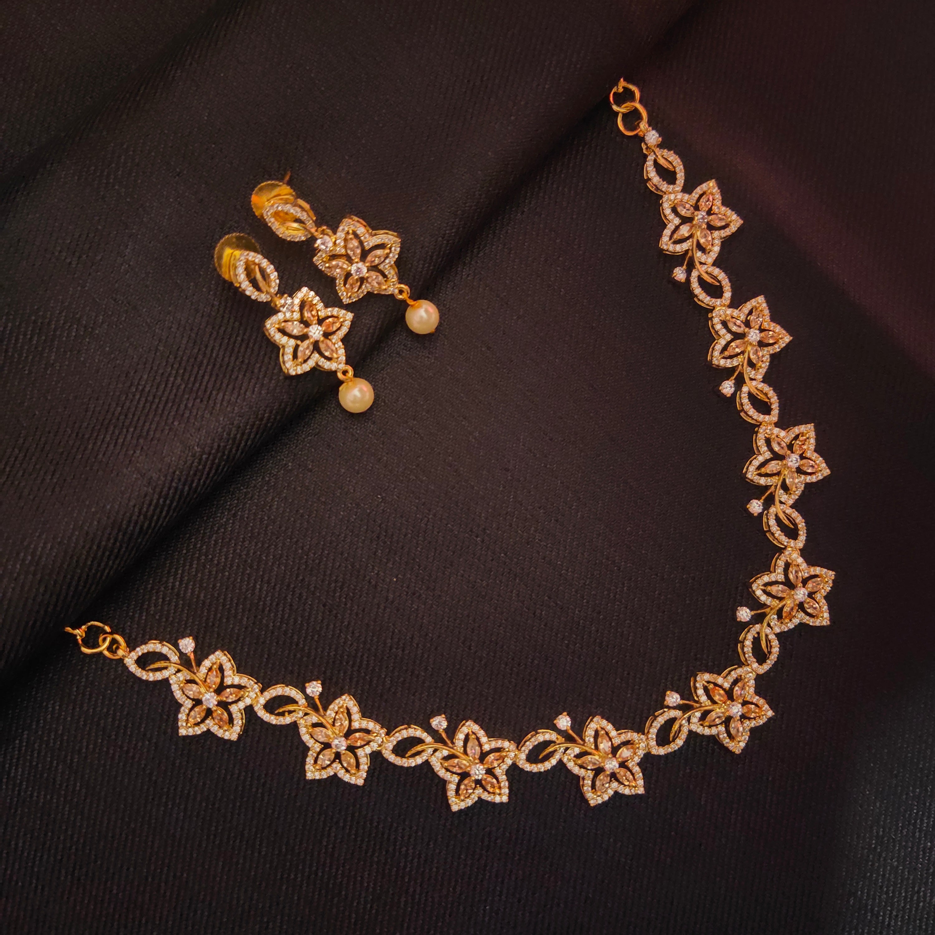 Honey Coloured Zircon Floret Necklace Set - Rose Gold Floral Jewellery