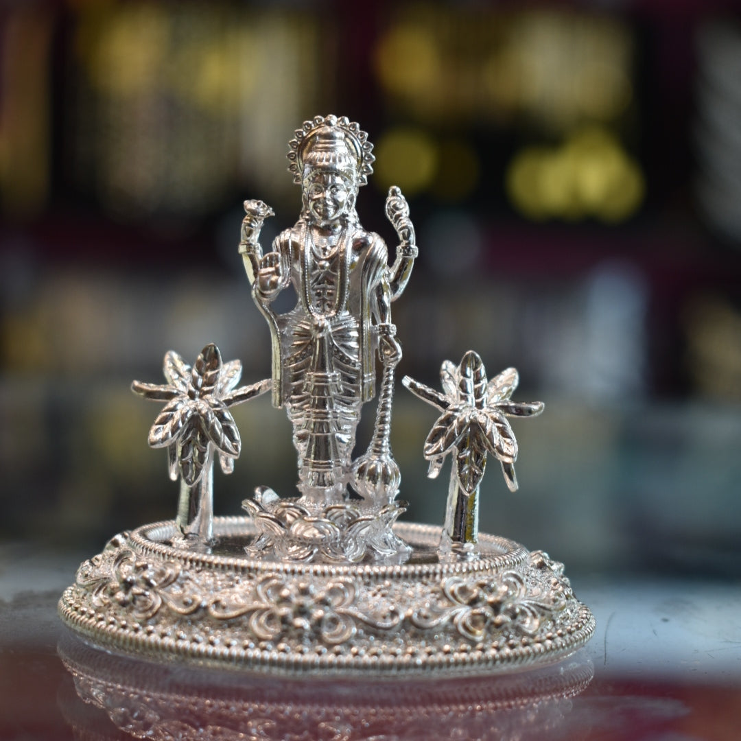 Pure Silver Lord Vishnu Idol - Handcrafted Hindu Deity Statue