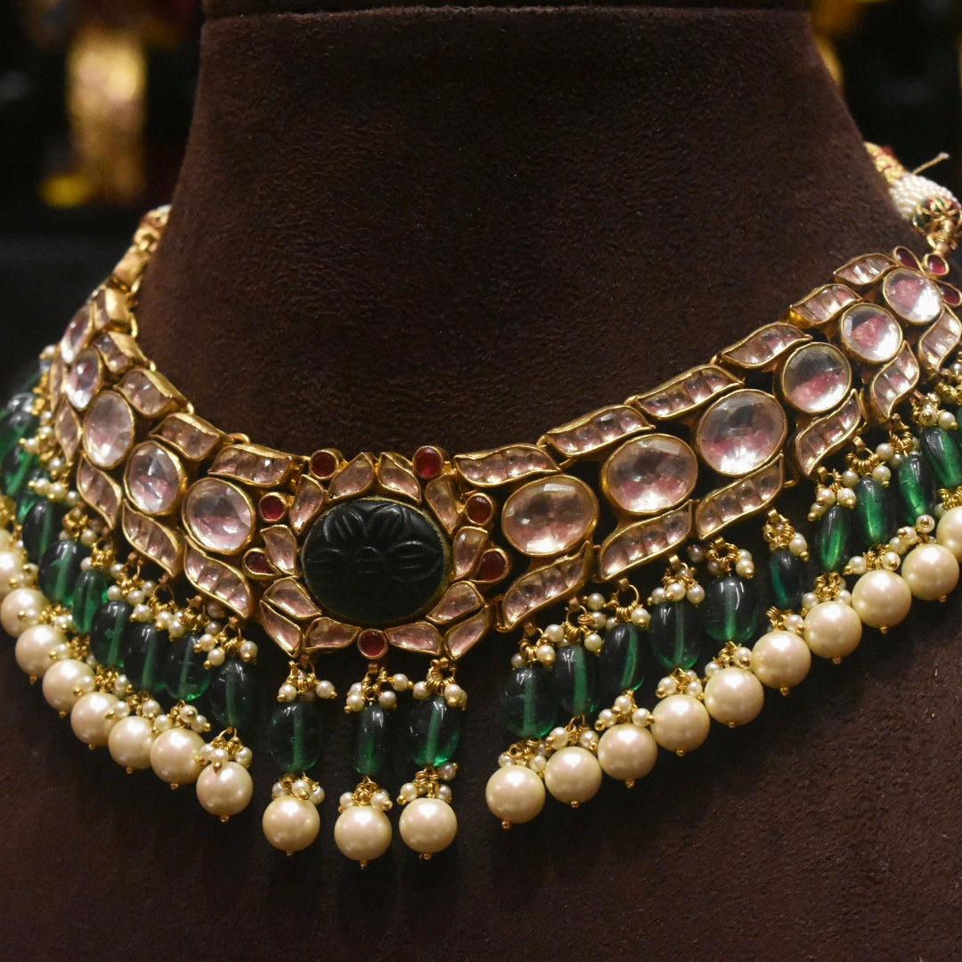 Exquisite Handcrafted Pachi Kundan Emerald Necklace Set