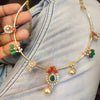 Rhodium Gold Plated Zircon Kanti Necklace Set with Coral Pearls & Emerald Beads