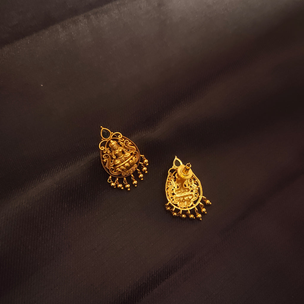 Antique Laxmi Stud Earrings - 24K Gold Plated Nakashi Work Temple Jewelry