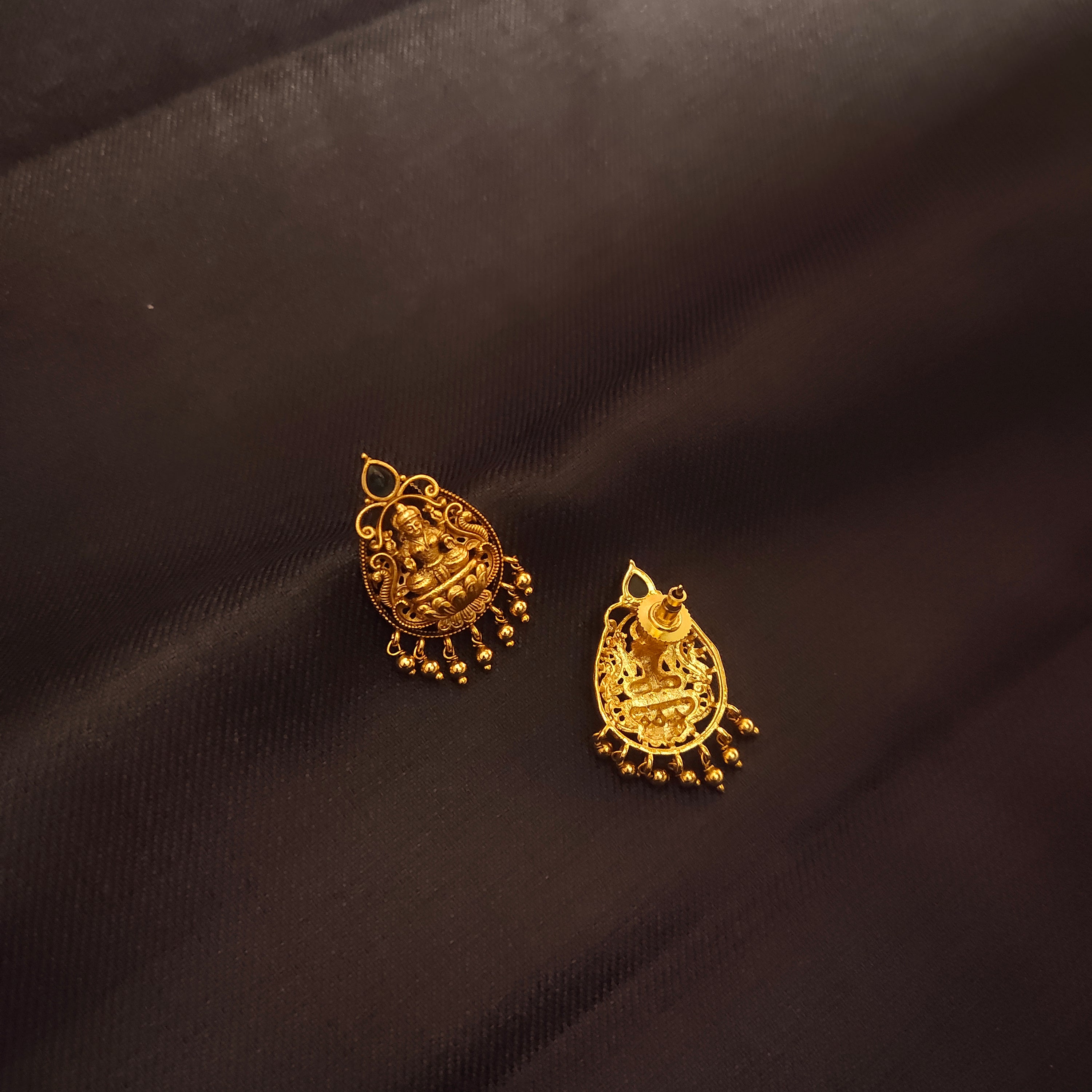 Antique Laxmi Stud Earrings - 24K Gold Plated Nakashi Work Temple Jewelry