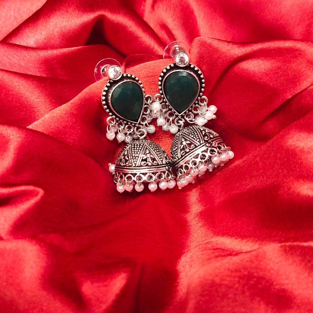 Traditional Oxidized Silver Jhumka Earrings - Pink Stone Embellished