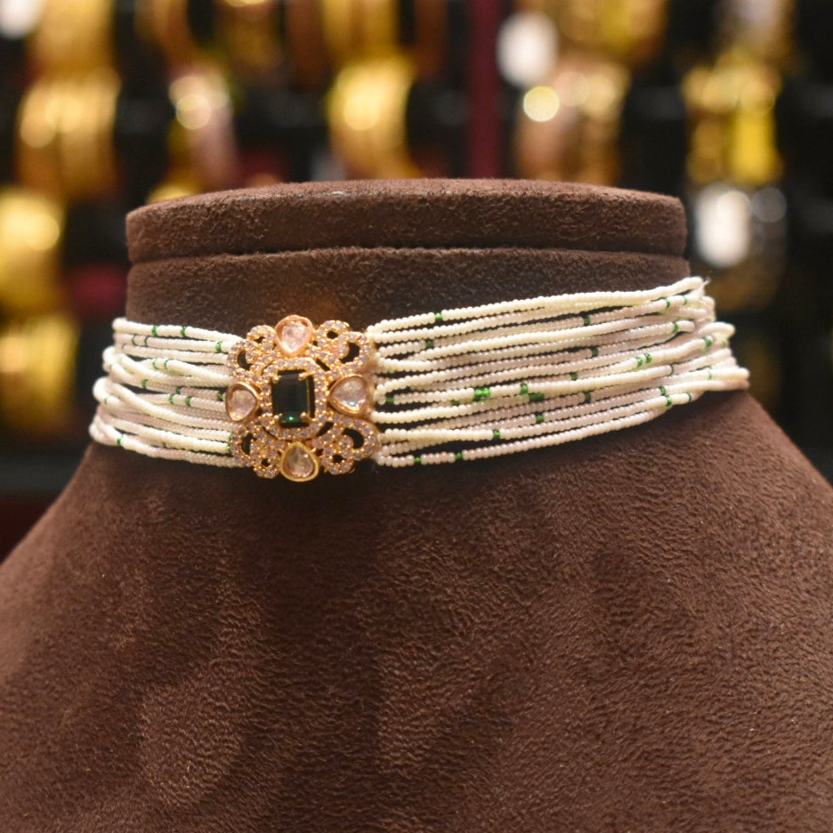 Asp Green Kundan Beaded Gold Plated Choker Necklace Set