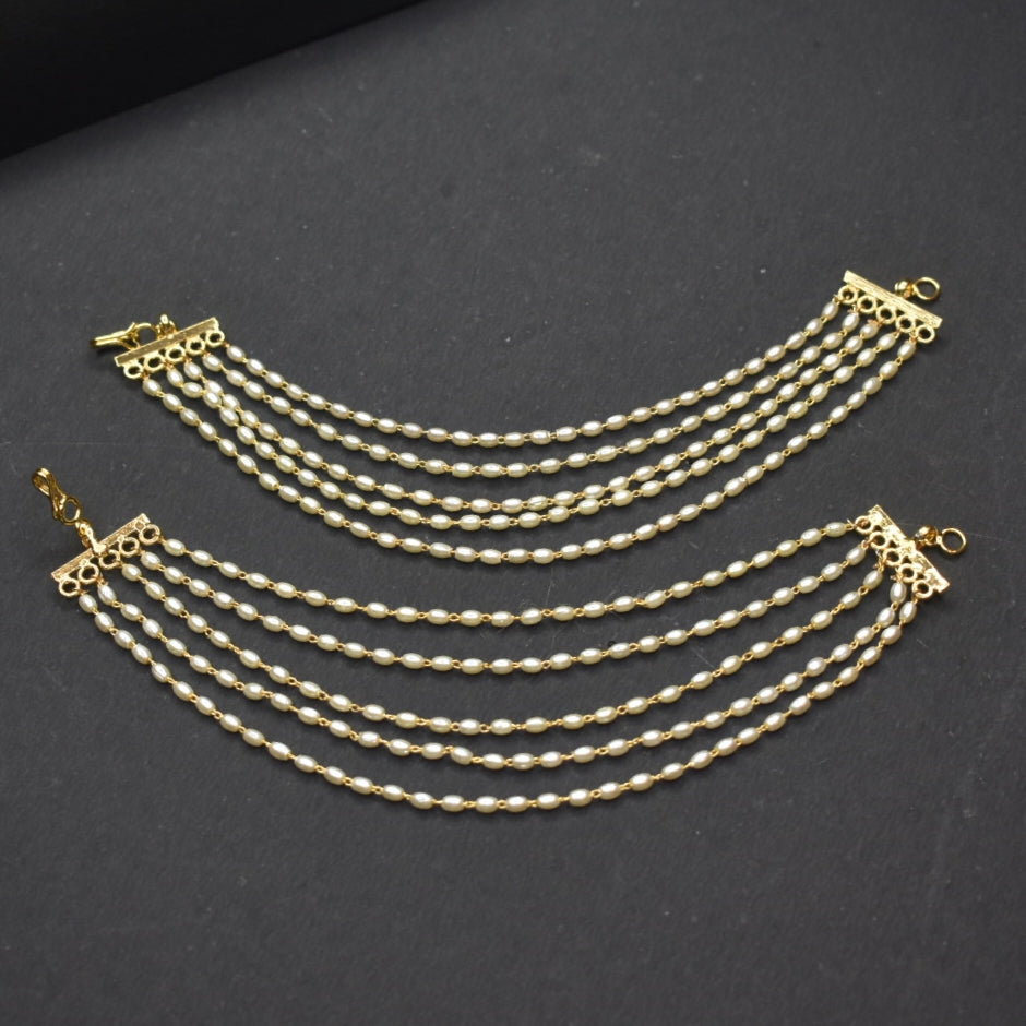 24K Gold Plated Rice Pearl Ear Chain Set - 3 & 5 Line Variants
