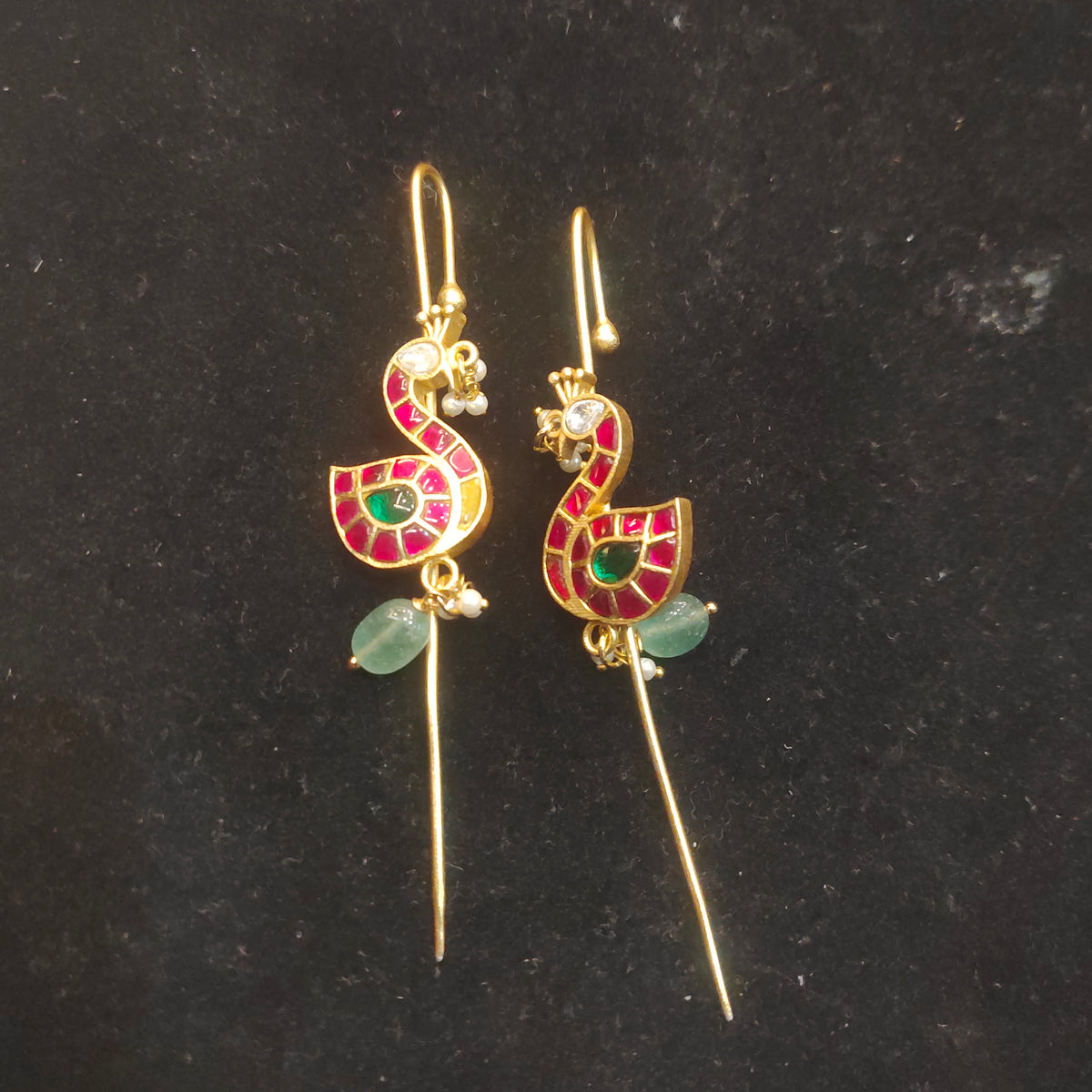 Temple Threader Earrings - Peacock Design with Kemp and Emerald