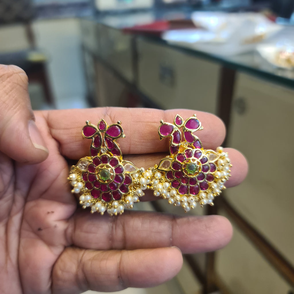 Handmade Kempu Gandabherunda Floral Earrings with Pearl Drops