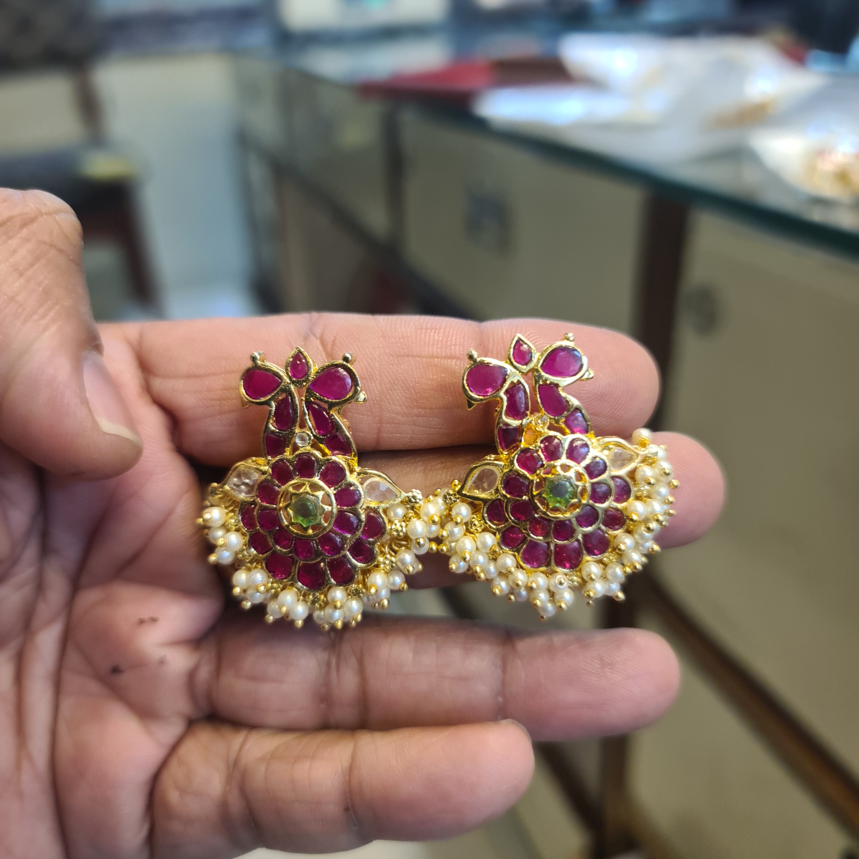 Handmade Kempu Gandabherunda Floral Earrings with Pearl Drops