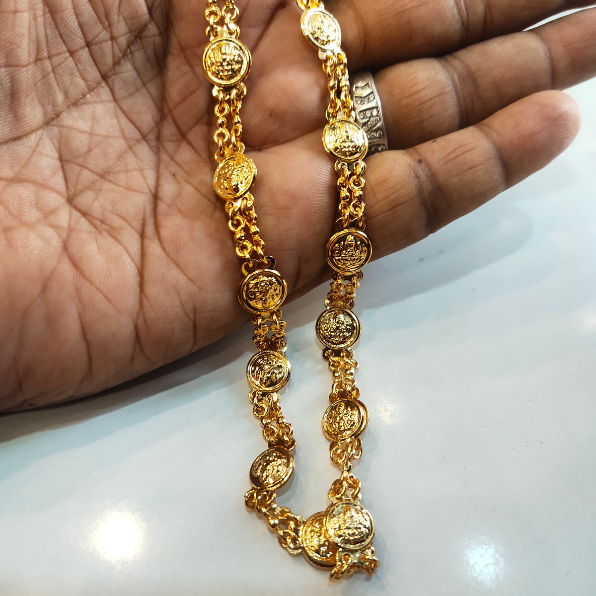 24K Gold Plated Two Rows Lakshmi Kasu Chain - Double Layer Temple Necklace