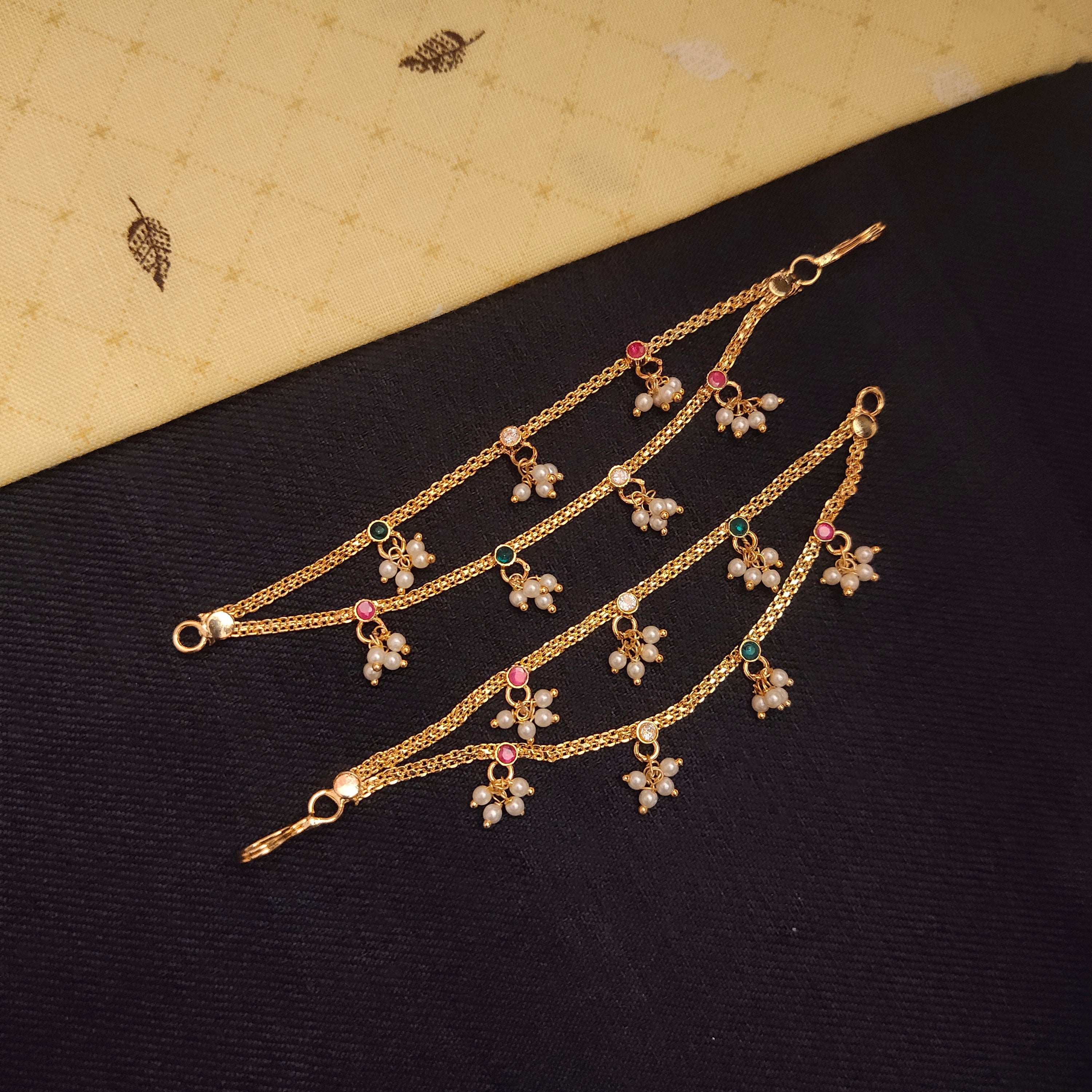 2 Layer Pearl Maatil Ear Chains - 24K Gold Plated 5 Inch