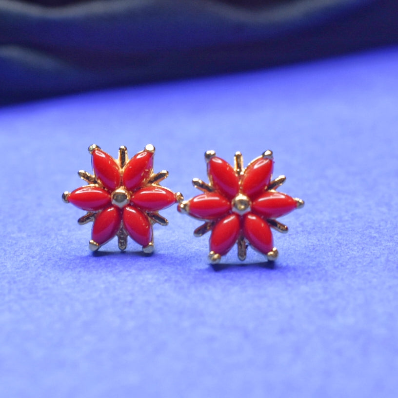 24K Gold Plated Coral Stud Earrings - Vibrant Red Stone Jewelry