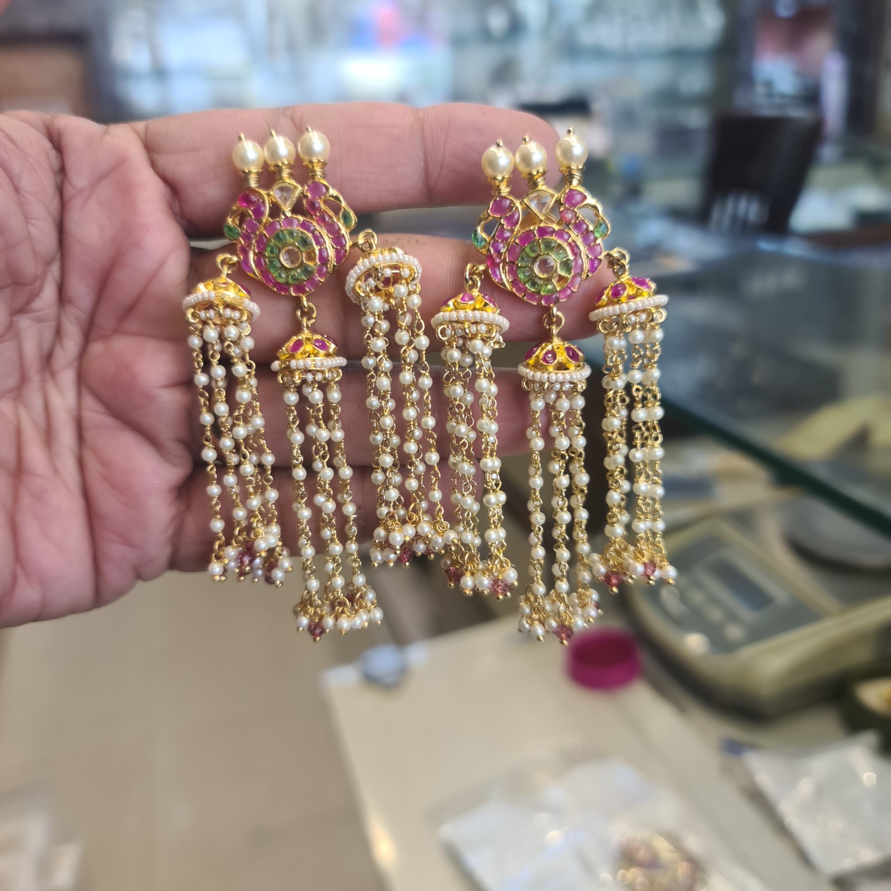 Polki Kundan Long Pearl Tassel Earrings | Floral Top, Jhumka Bell | Screw Back