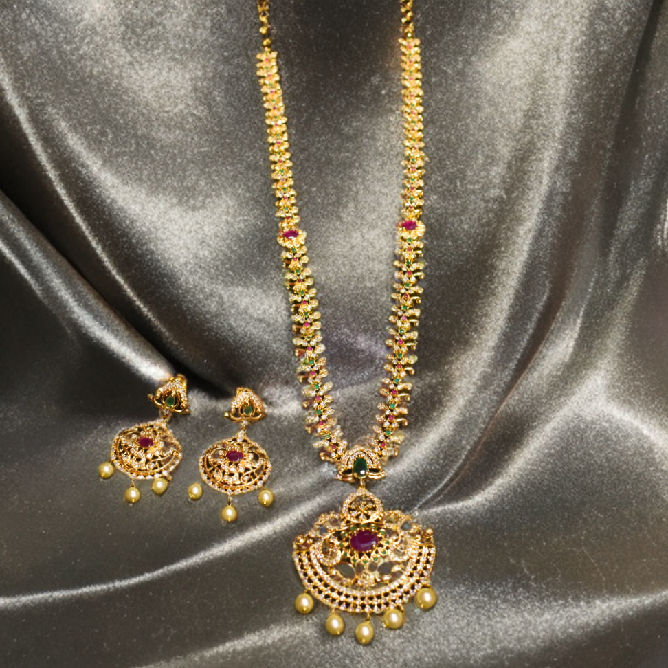 Asp Cz Gold Plated Long Necklace Set