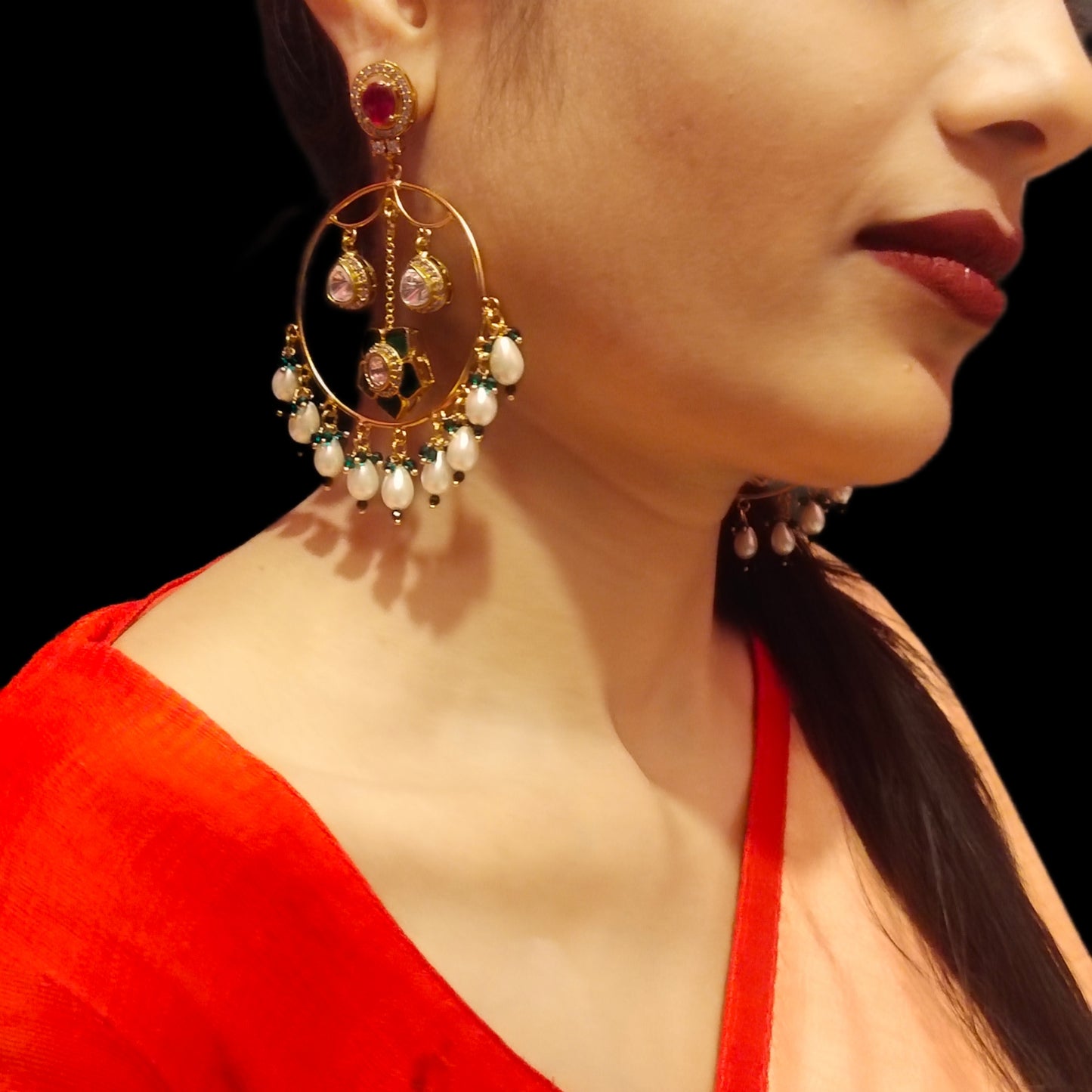"Radiant Elegance: Handcrafted Green Moissanite & Paachi Kundan Chand Bali Earrings Set for Modern Glamour"
