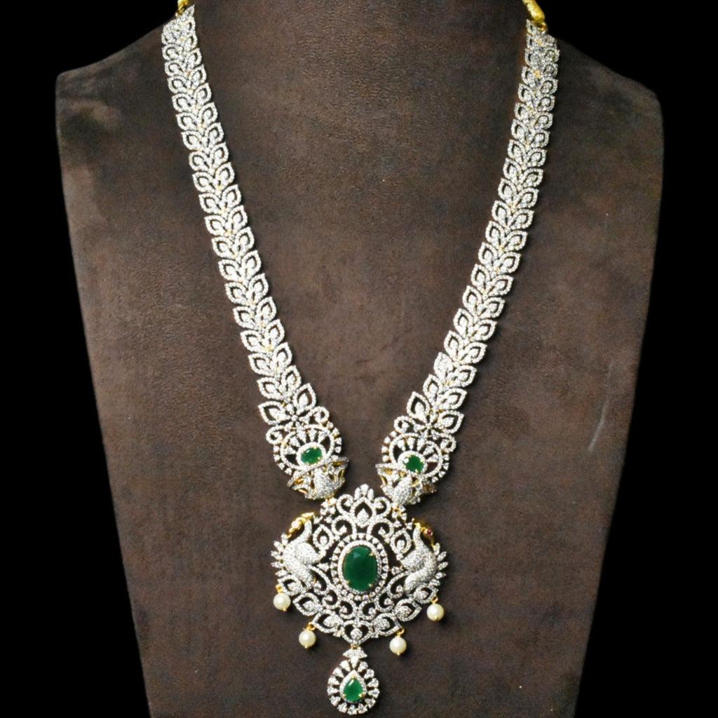 Bridal Diamond Haram - Emerald CZ Pearls Long Necklace Set