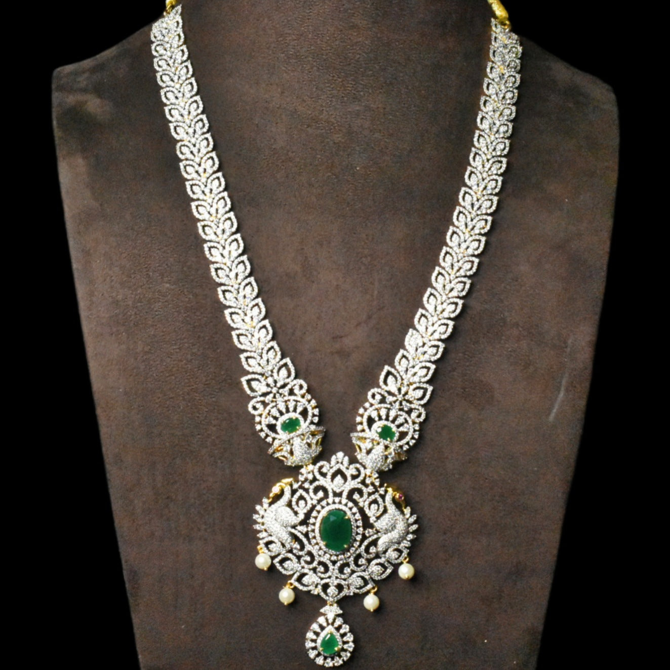 Bridal Diamond Haram - Emerald CZ Pearls Long Necklace Set