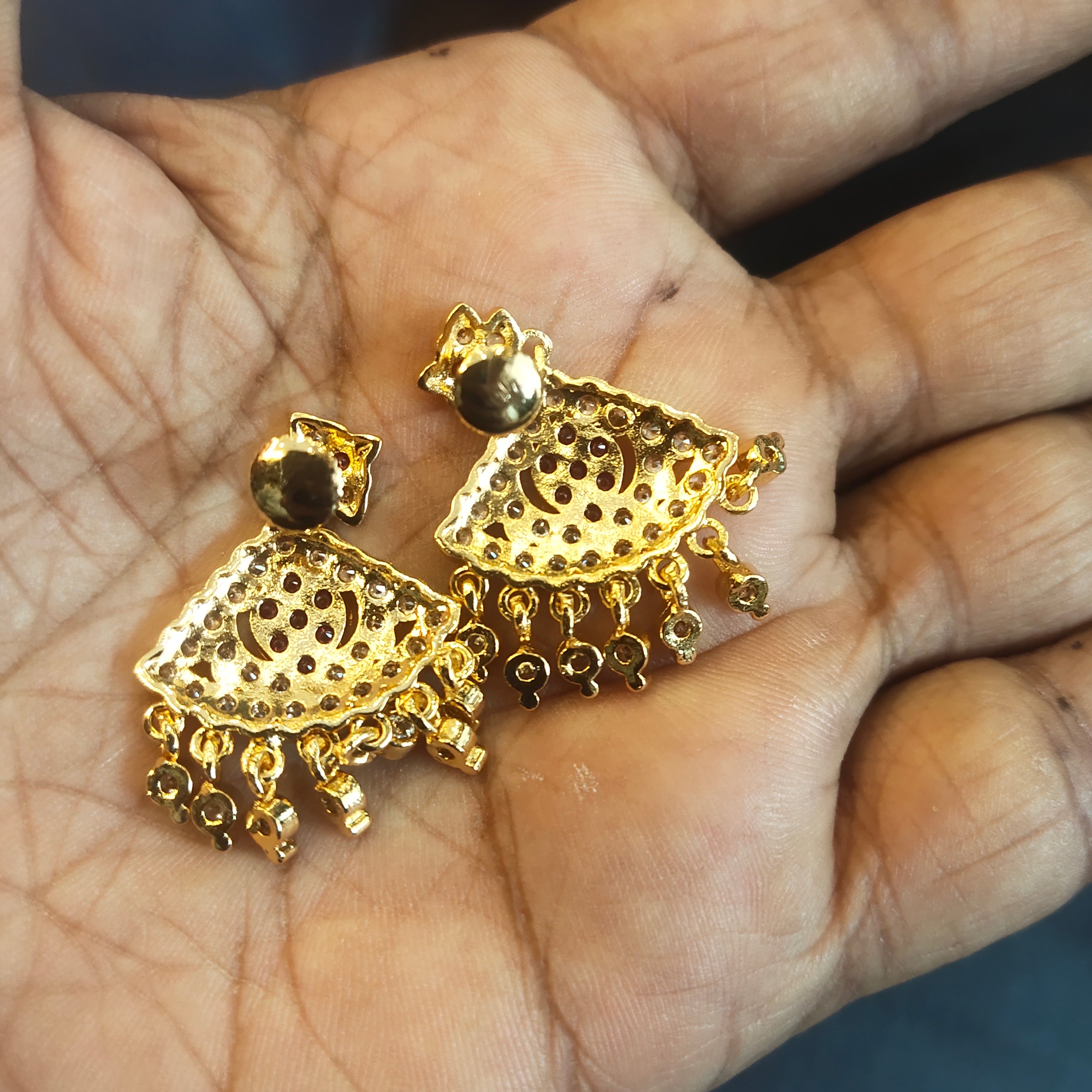 Gold Plated Ruby & CZ Stone Jhumka Earrings | Traditional Indian Chandbali