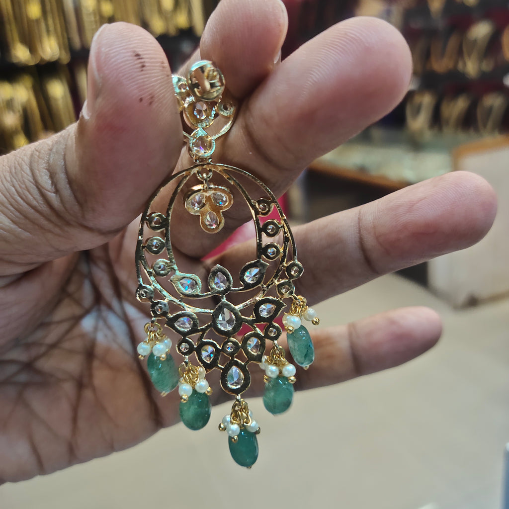 24K Gold Plated Green Beads Hanging Chandbali Earrings - Screwback Design