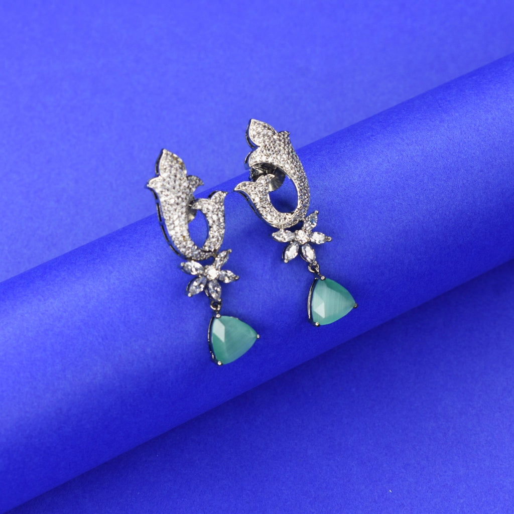 Pastel Green American Diamond Earrings - Silver Office Wear