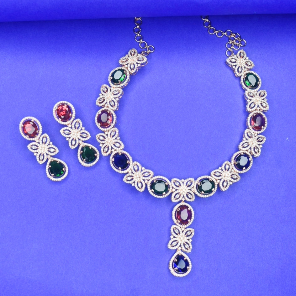 Rose Gold American Diamond Necklace Set with Earrings - Bridal Jewelry