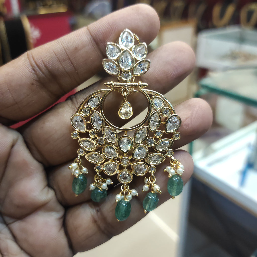 Green Beaded 24K Gold Plated Screw Back Zircon Chandbali
