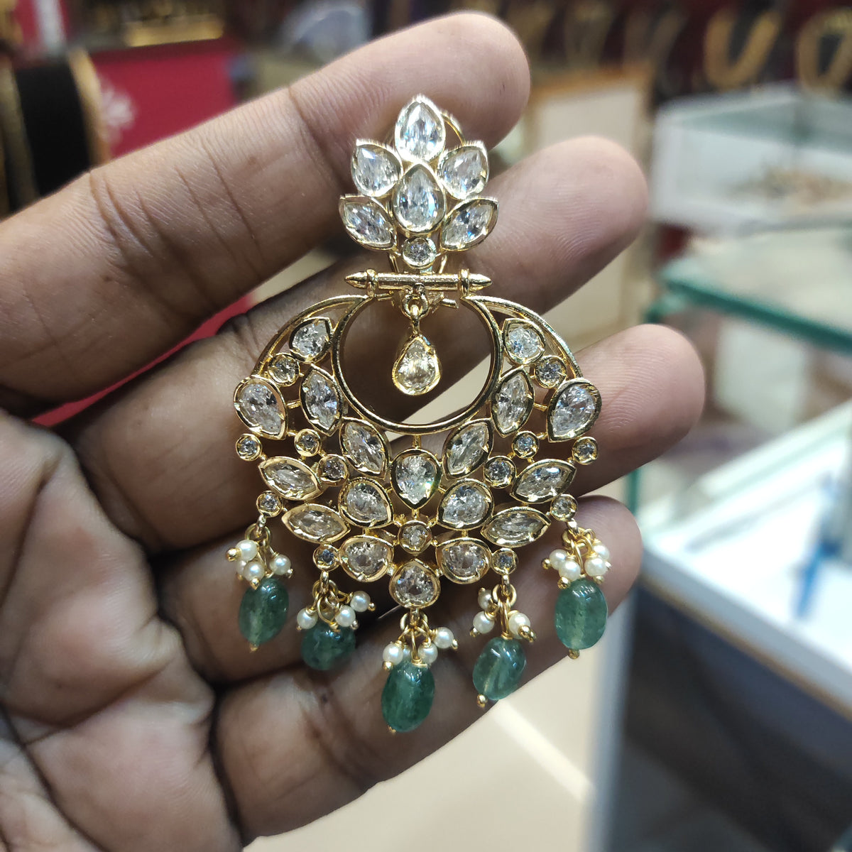 Green Beaded 24K Gold Plated Screw Back Zircon Chandbali