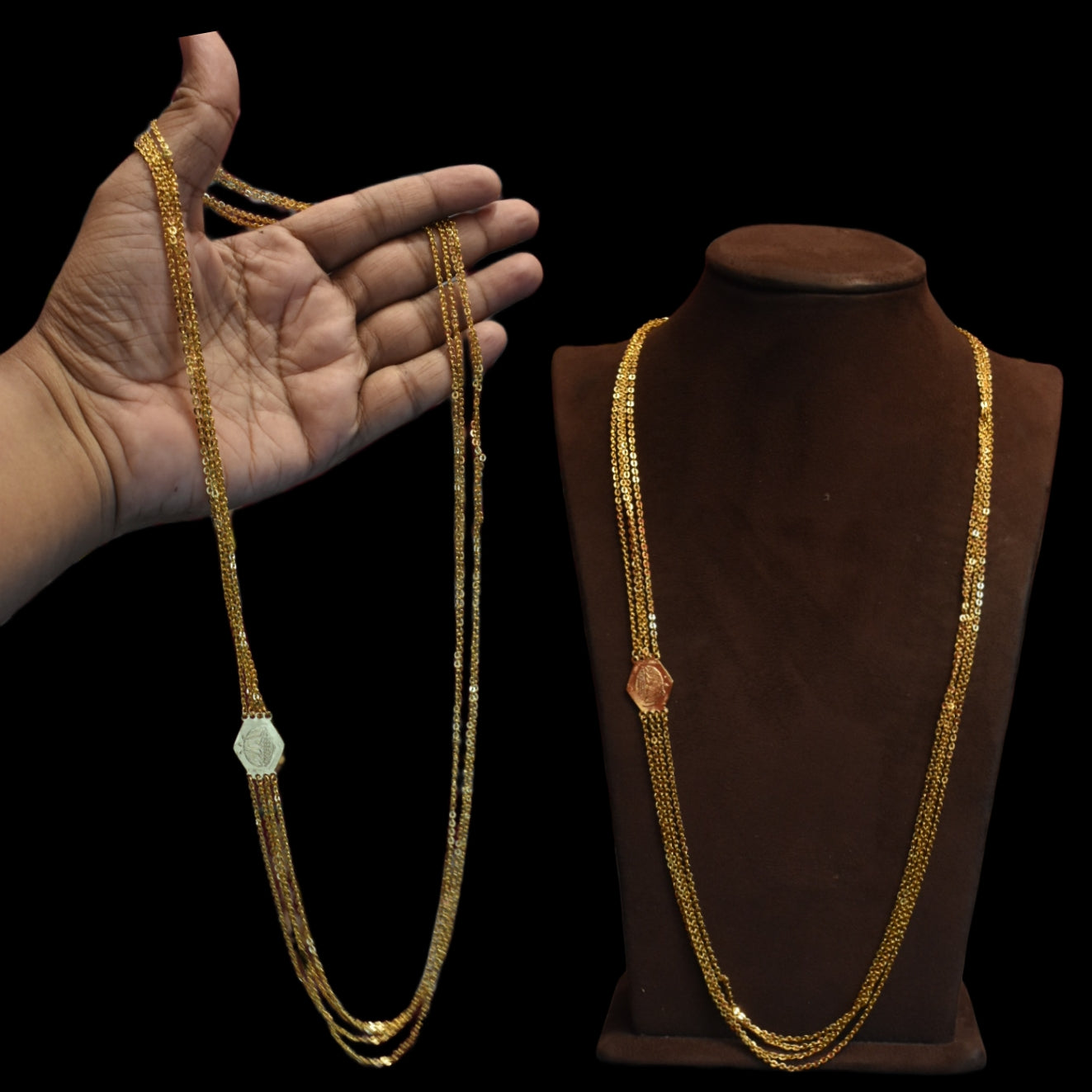 "Gleaming Grace: Stunning 24K Gold-Plated Chandraharam Jewelry for Stylish South Indian Queens"