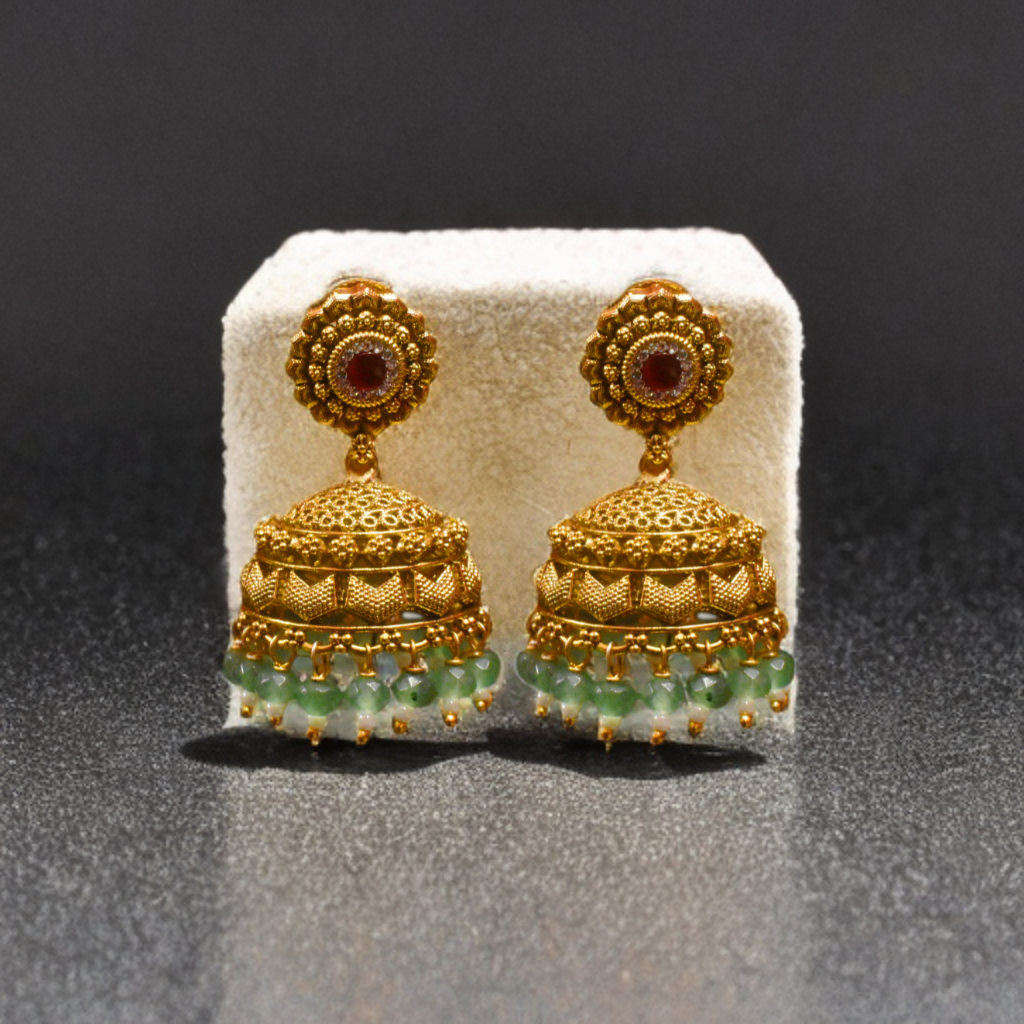 Antique Zircon Jhumka Earrings with Green Beads | Traditional Temple Jewellery