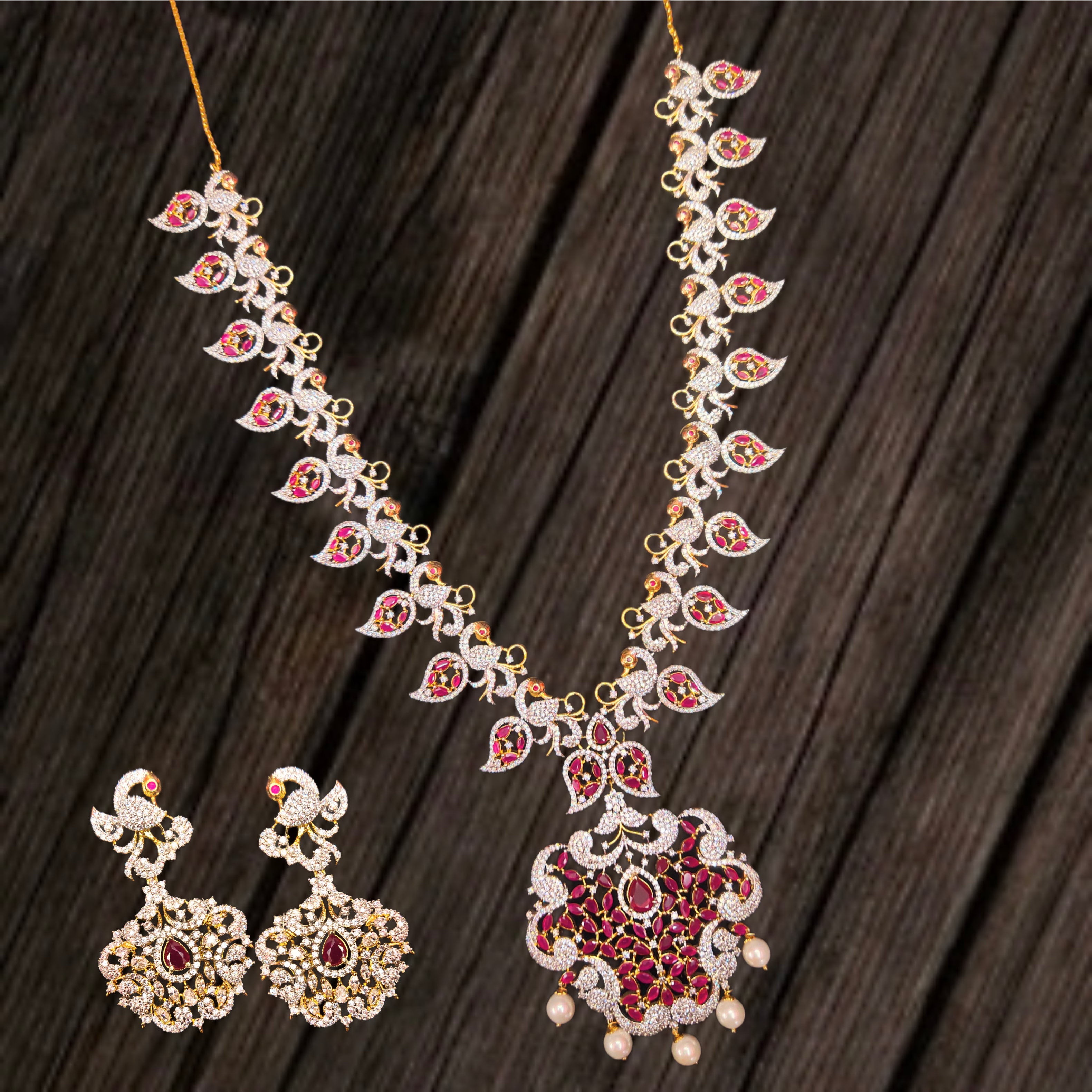 Regal Peacock American Diamond Necklace Set - 24K Gold Bridal Haram with Pearls