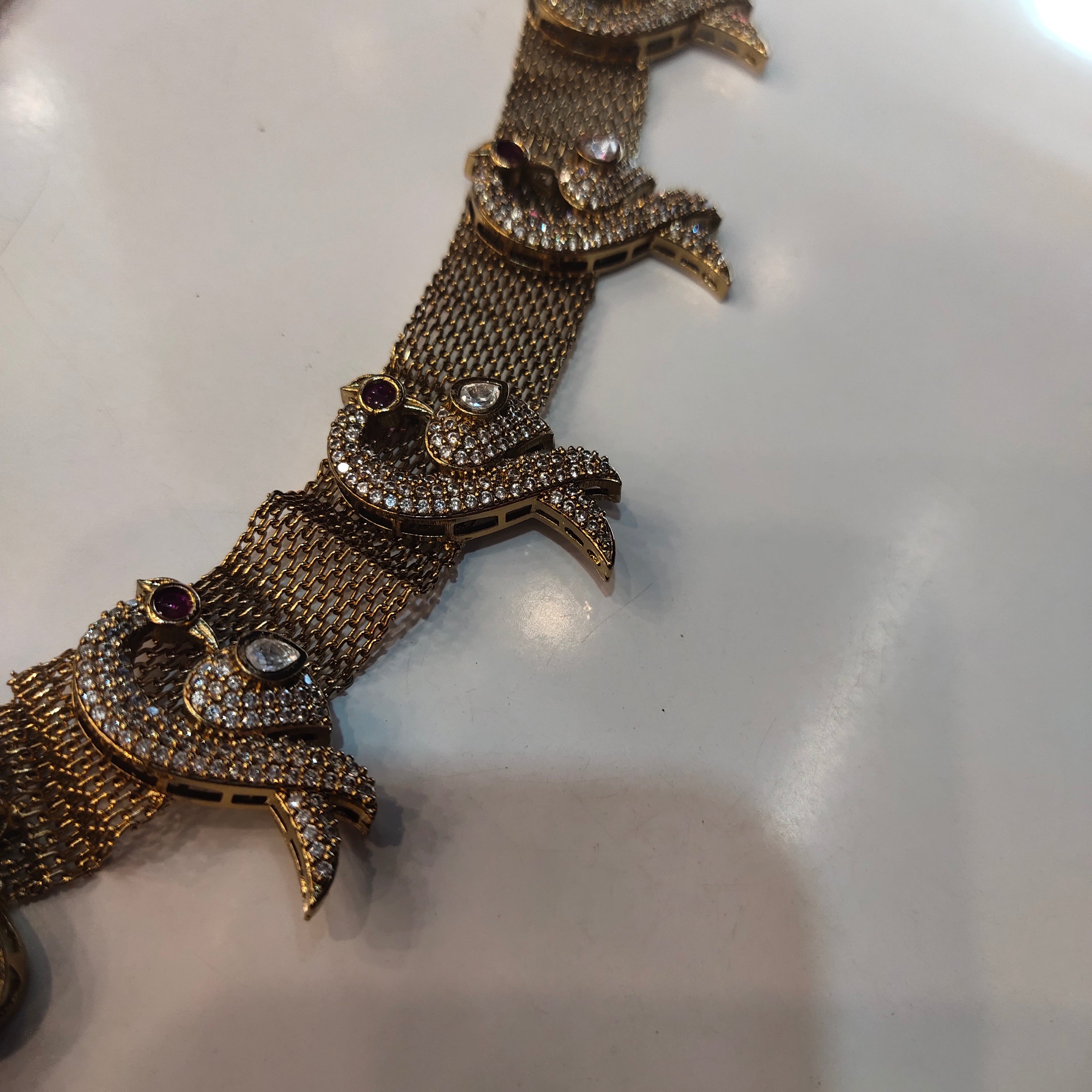 Vintage Turquoise Zircon Peacock Mesh Chain Necklace with Earrings - Gold Plated